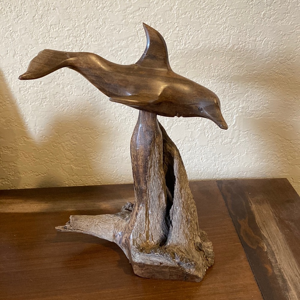 Hand carved Dolphin Sculpture on Burled Wood Base